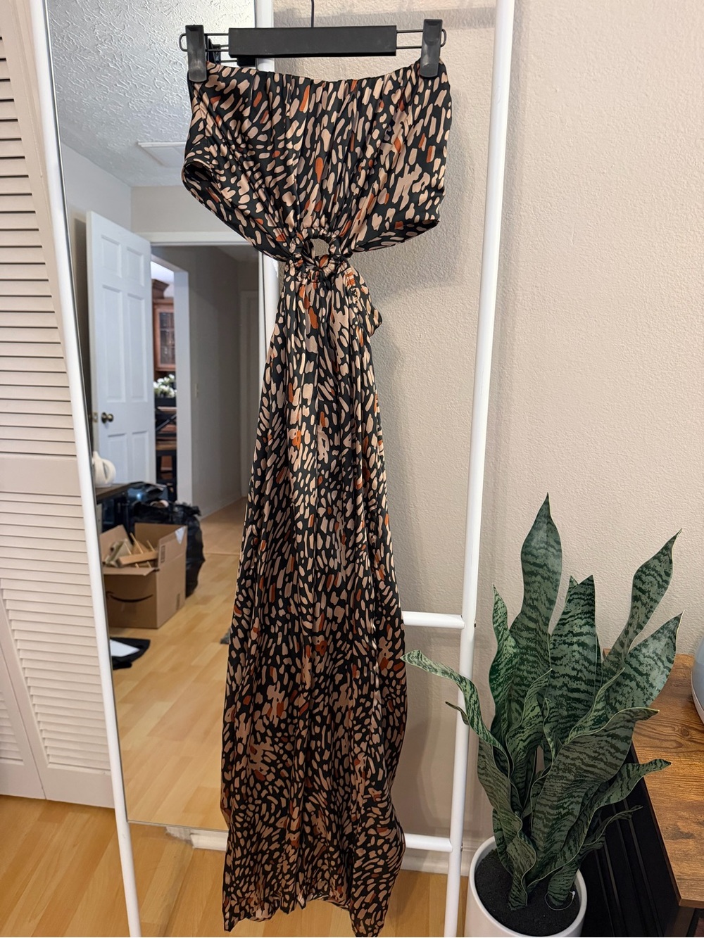 Vici Black Cutout Jumpsuit with Tan and Rust Spot Print